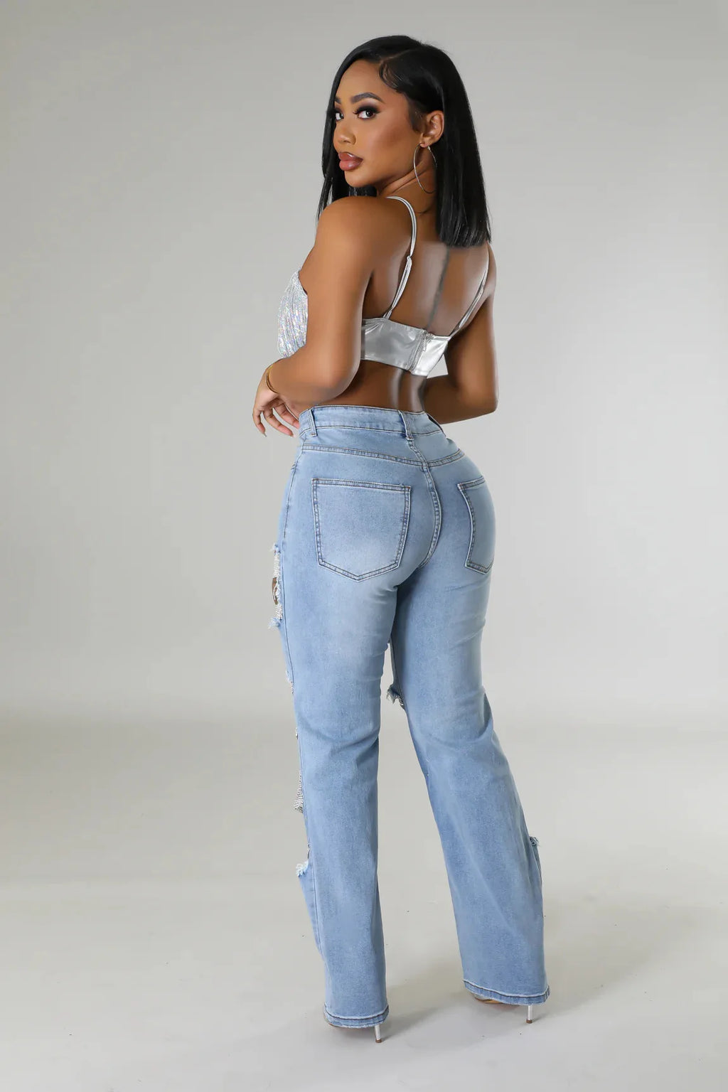 Women Diamonds Chain Stretch High Waist Jeans