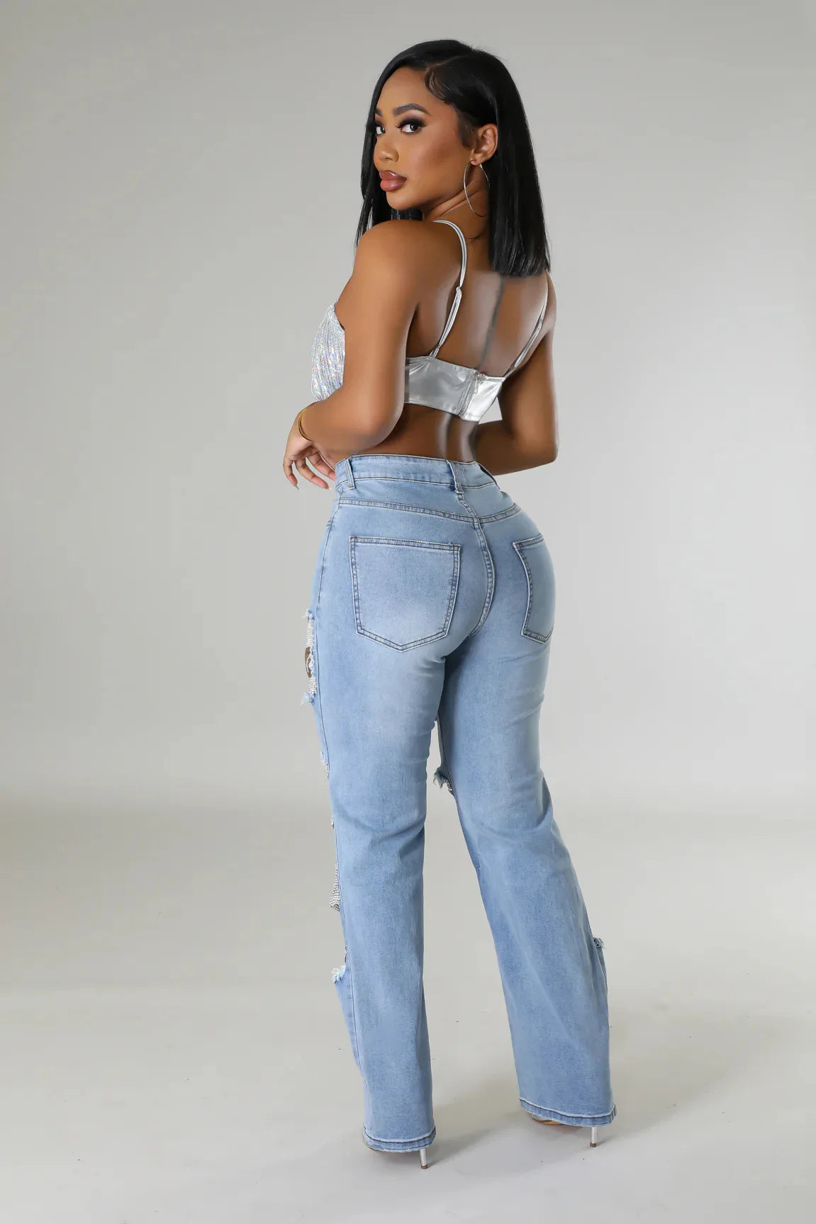 Women Diamonds Chain Stretch High Waist Jeans