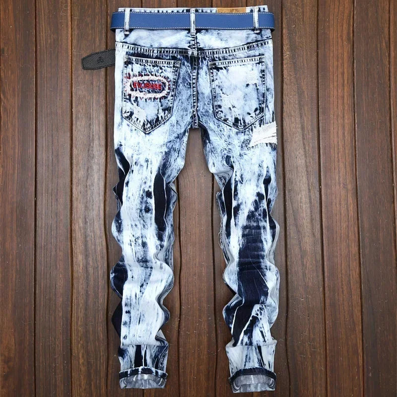 Men's Embroidered Patchwork Ripped Jeans