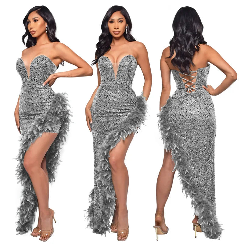 Women Asymmetrical Feather Cocktail Party Dress