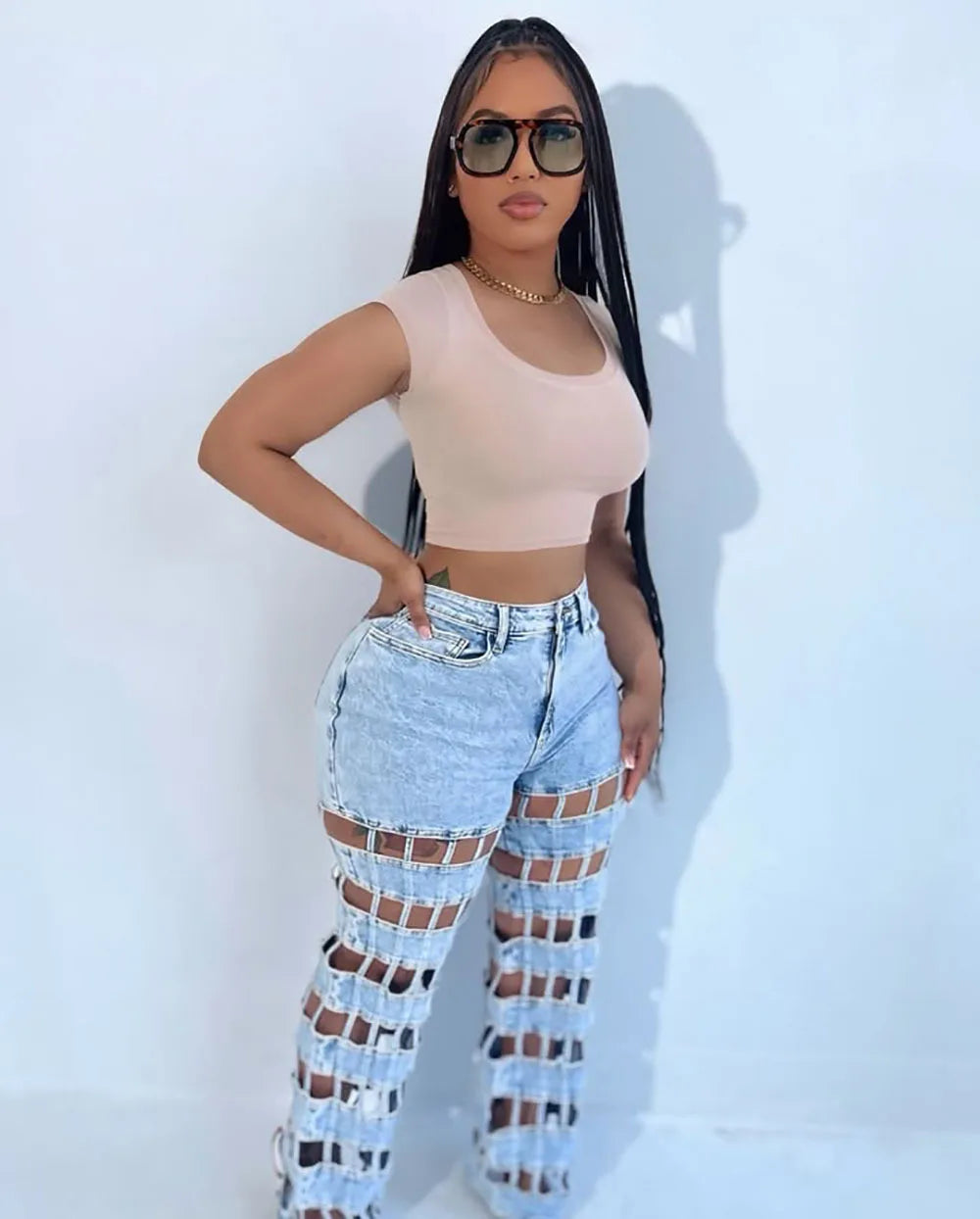 Women Hollow Out High-Waisted Jeans
