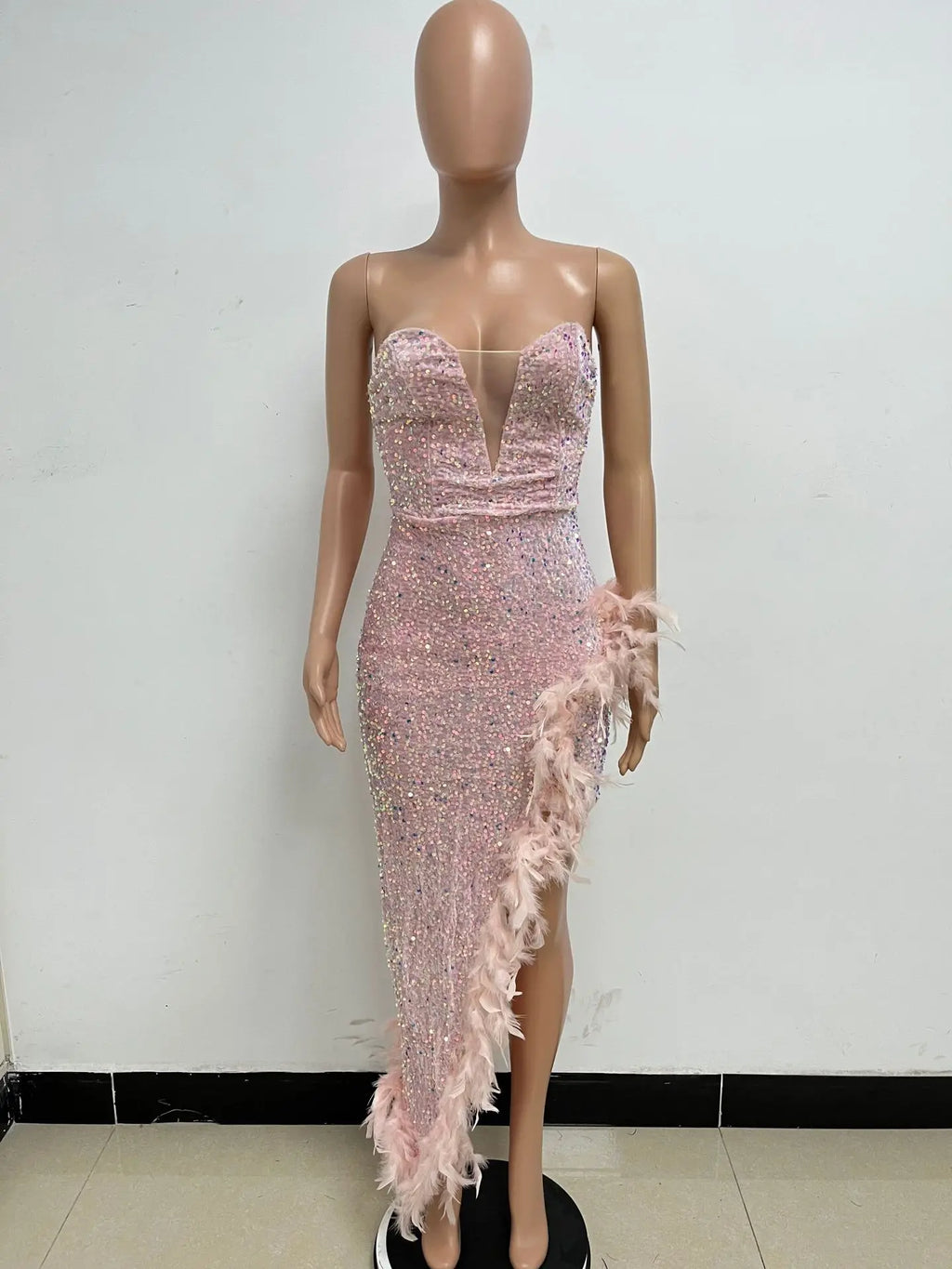 Women Asymmetrical Feather Cocktail Party Dress