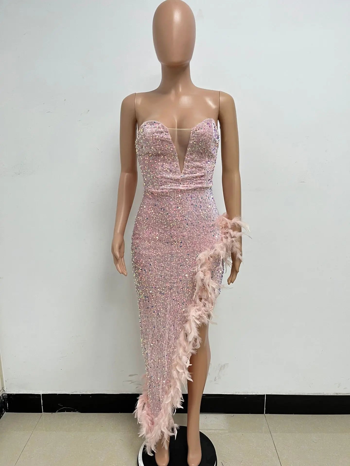 Women Asymmetrical Feather Cocktail Party Dress