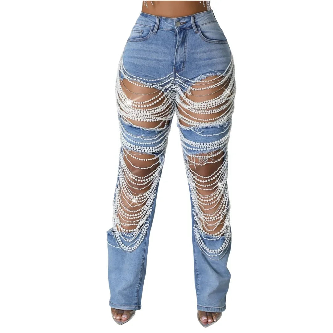 Women Diamonds Chain Stretch High Waist Jeans