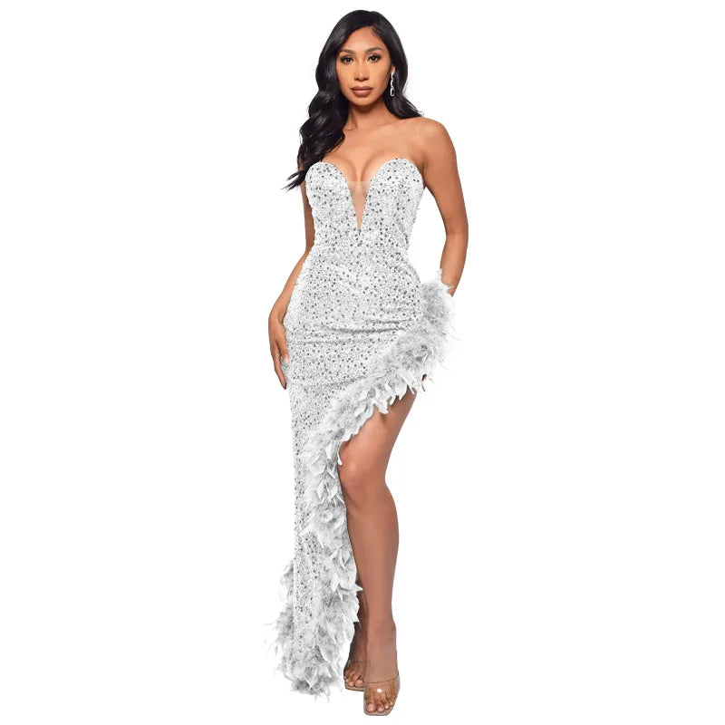 Women Asymmetrical Feather Cocktail Party Dress