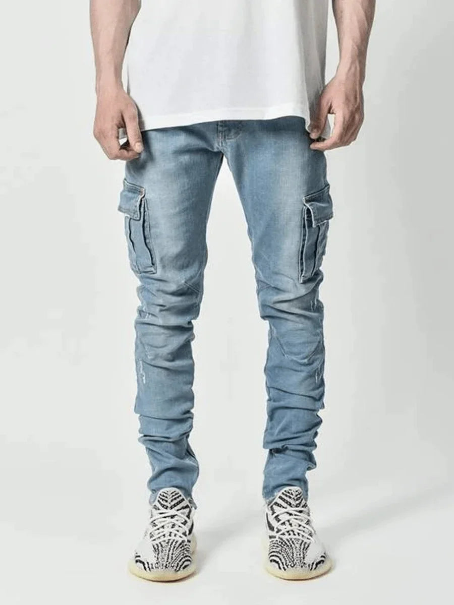 Men Multi Pockets Denim Mid Waist Cargo Jeans