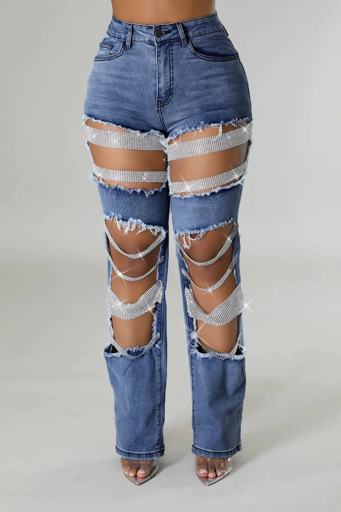 Women Diamonds Chain Stretch High Waist Jeans