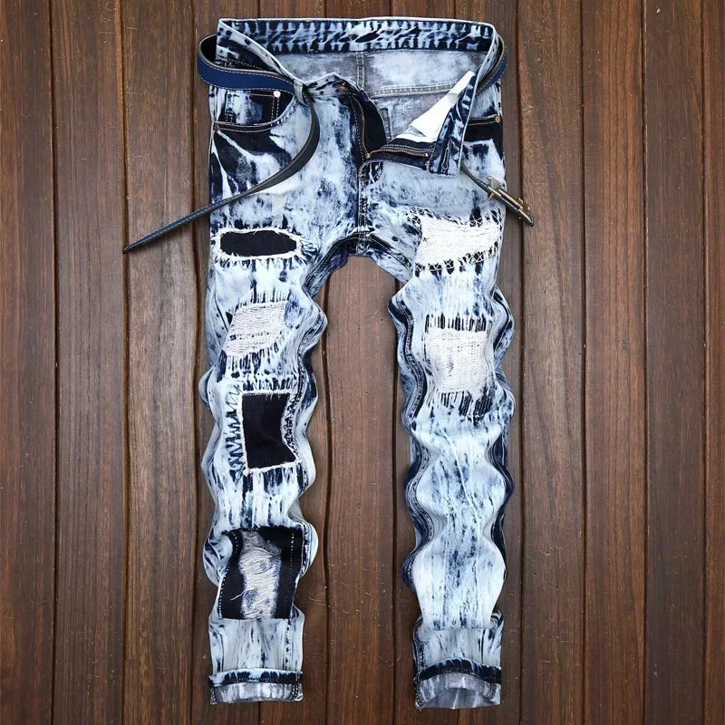Men's Embroidered Patchwork Ripped Jeans