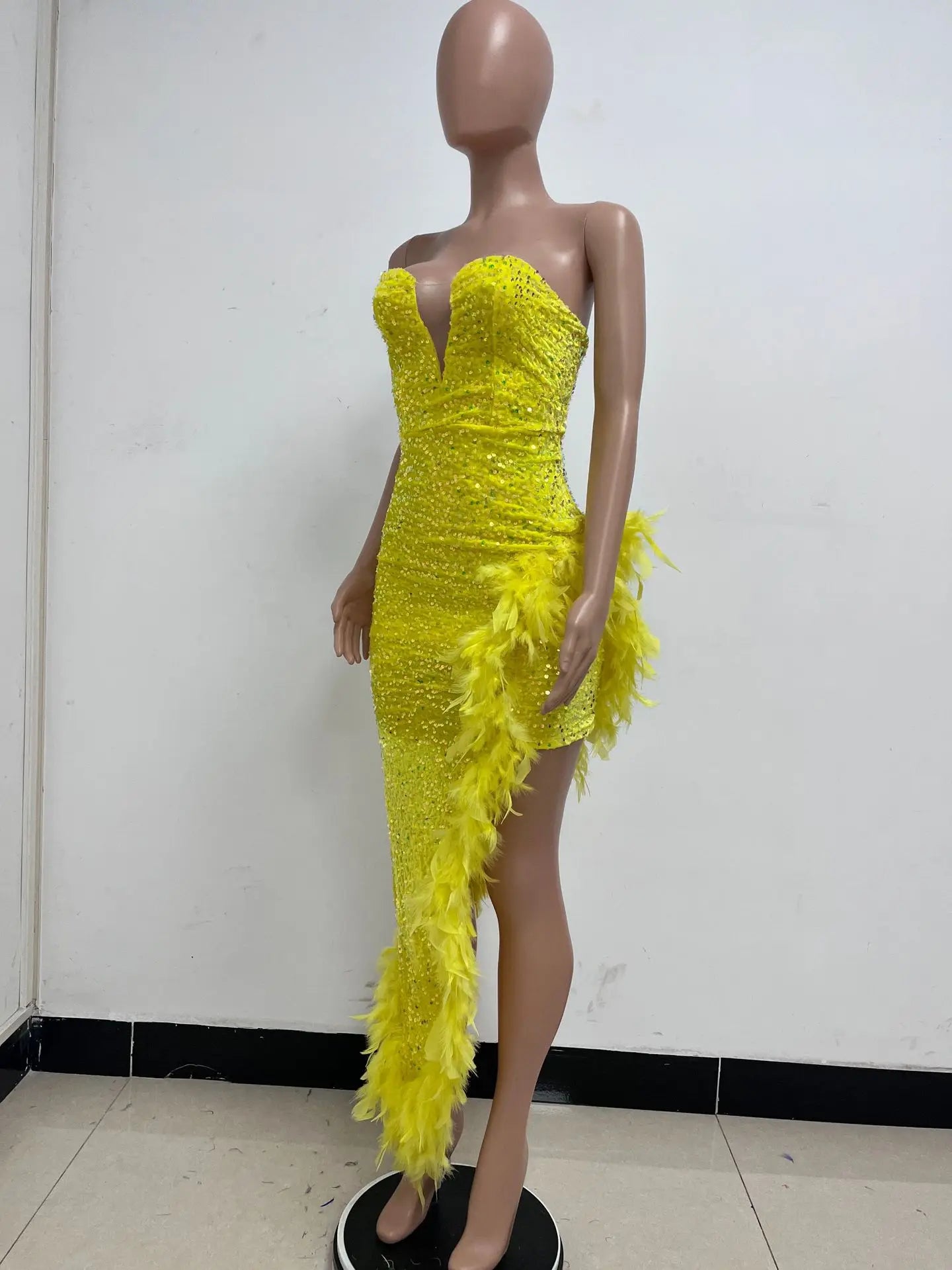 Women Asymmetrical Feather Cocktail Party Dress