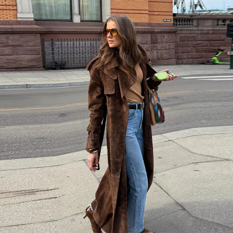 Vintage Suede Women Double Breasted Coat