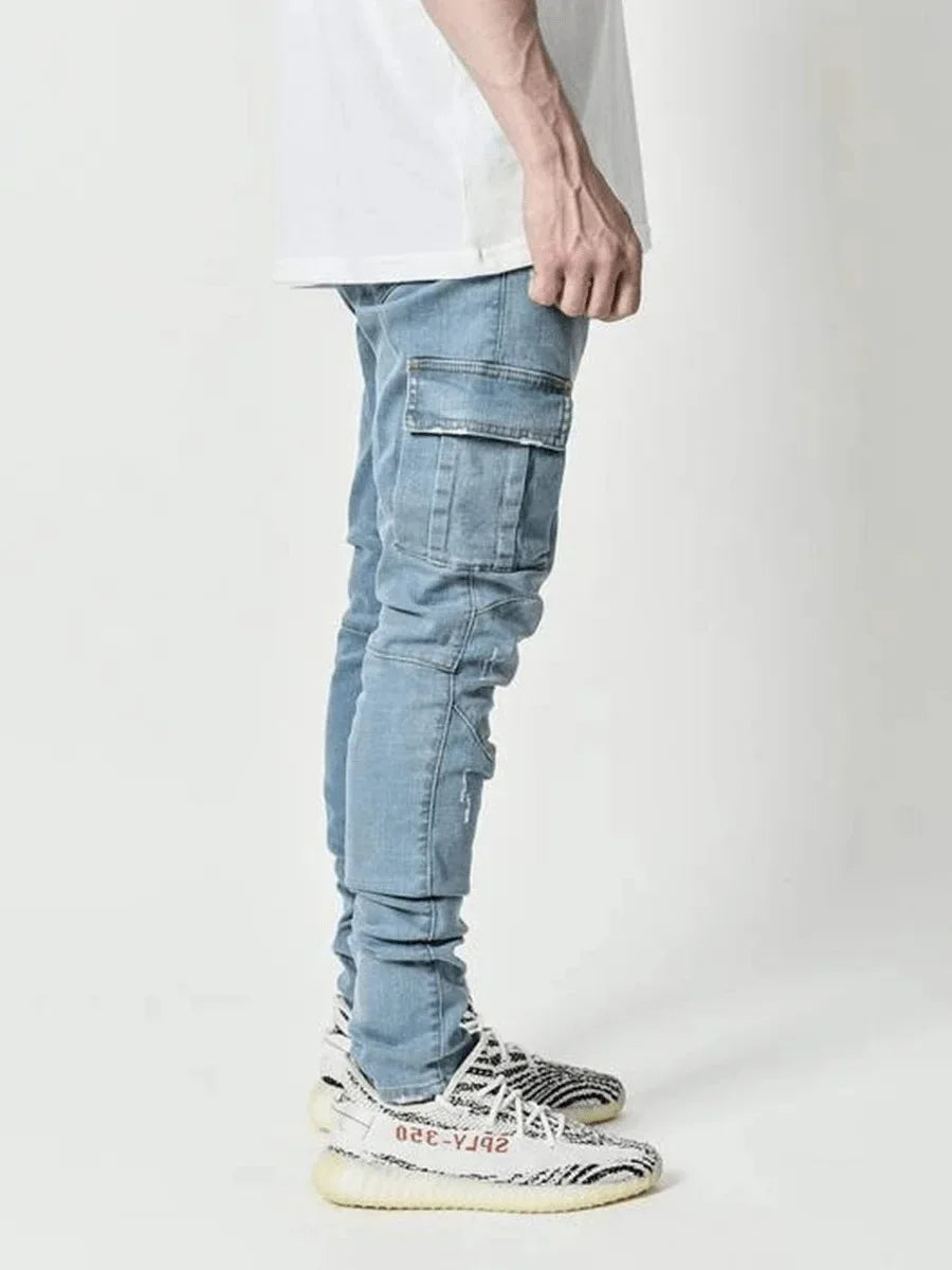 Men Multi Pockets Denim Mid Waist Cargo Jeans
