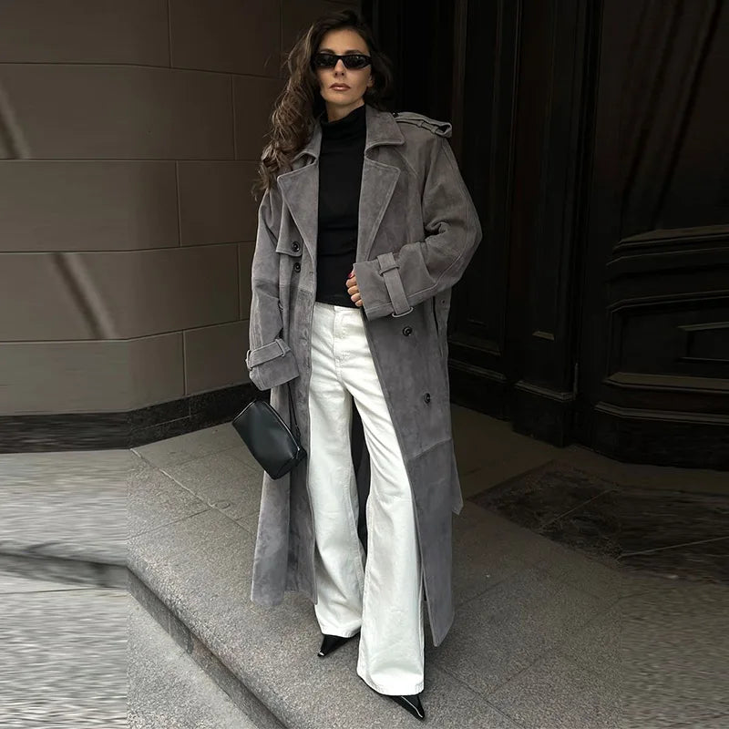 Vintage Suede Women Double Breasted Coat