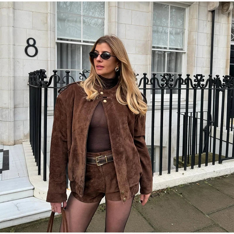 Vintage Suede Women Double Breasted Coat