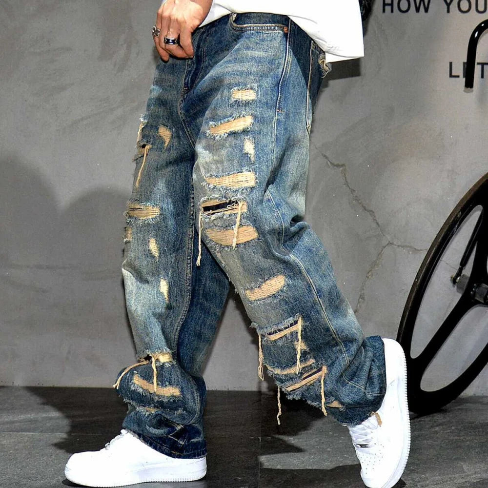 Mens Baggy Distressed Denim Patchwork