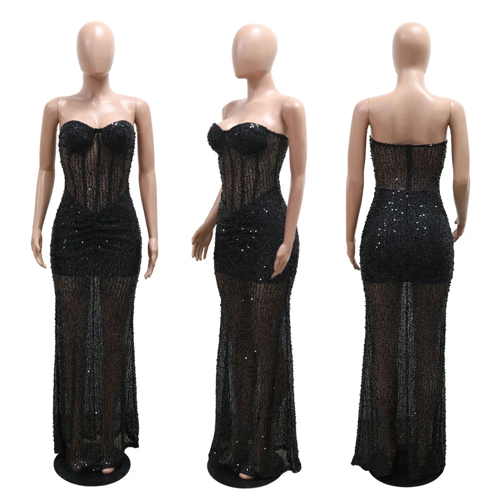 Womens  See-through Evening Maxi Dress