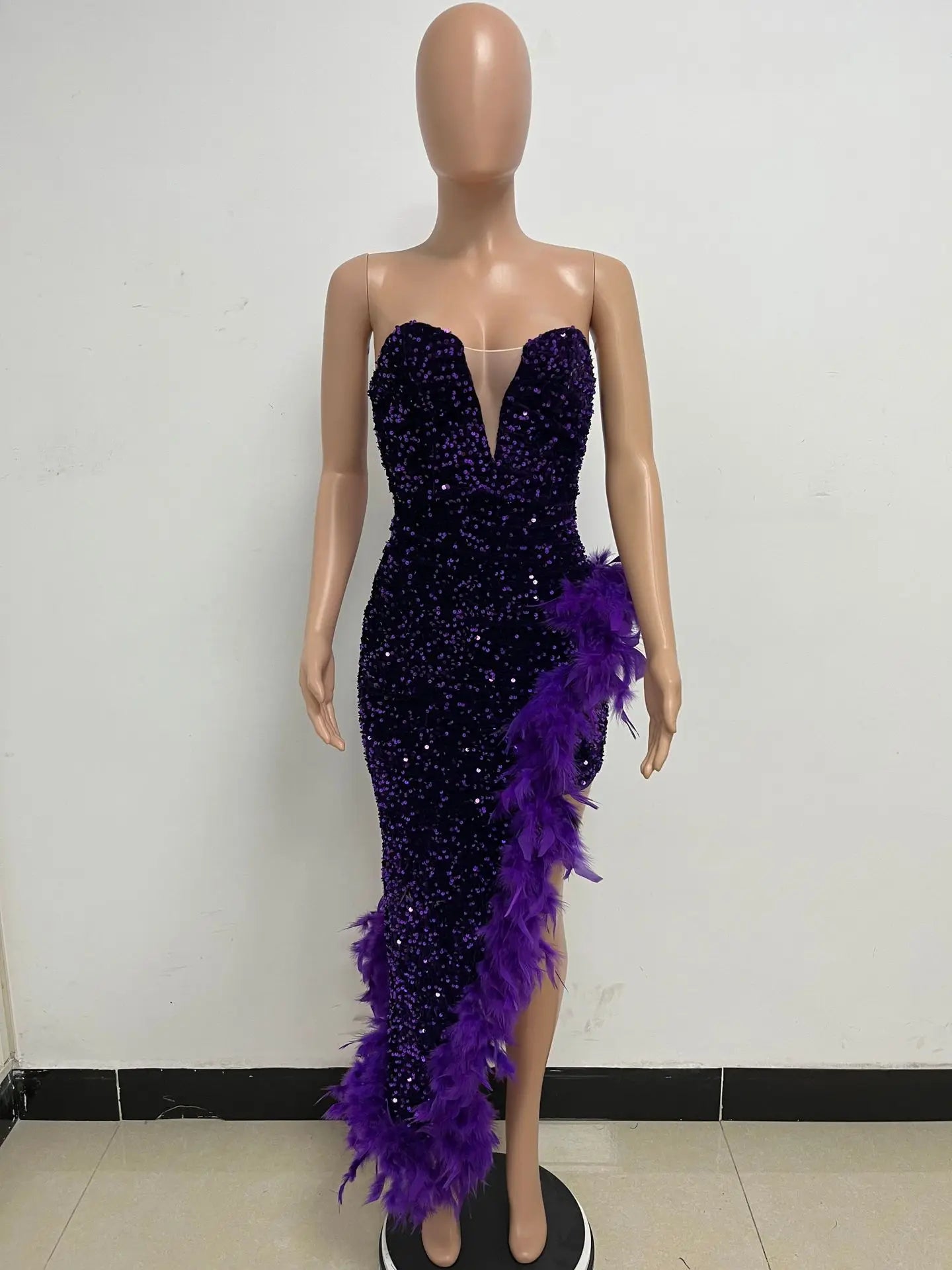 Women Asymmetrical Feather Cocktail Party Dress