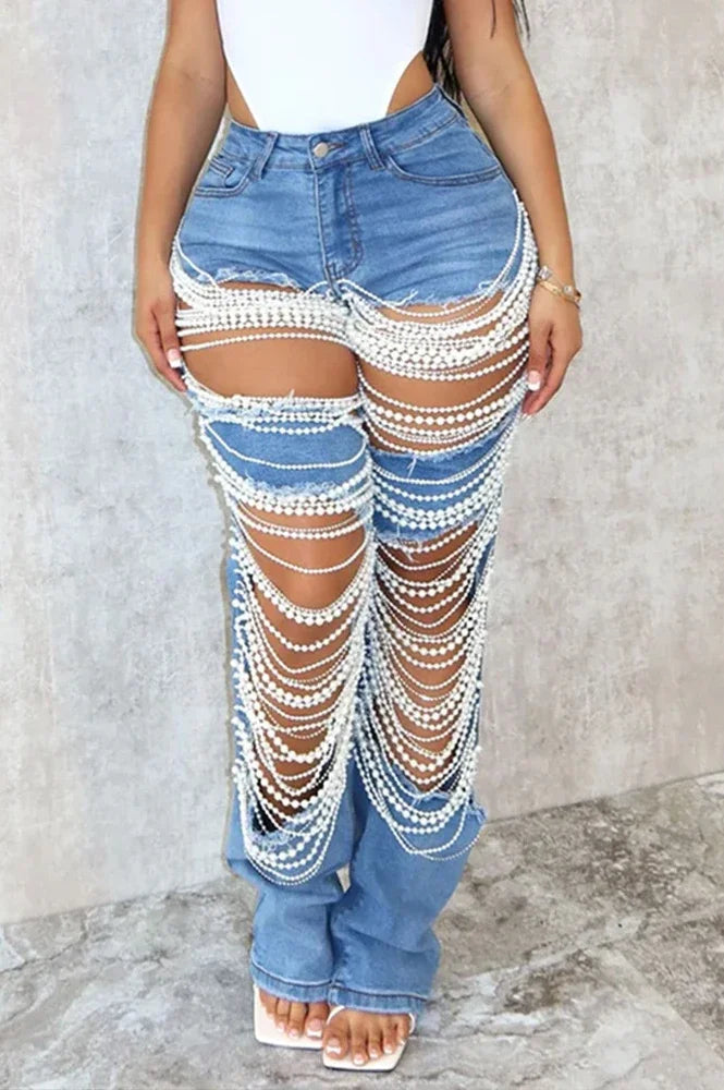 Women Diamonds Chain Stretch High Waist Jeans