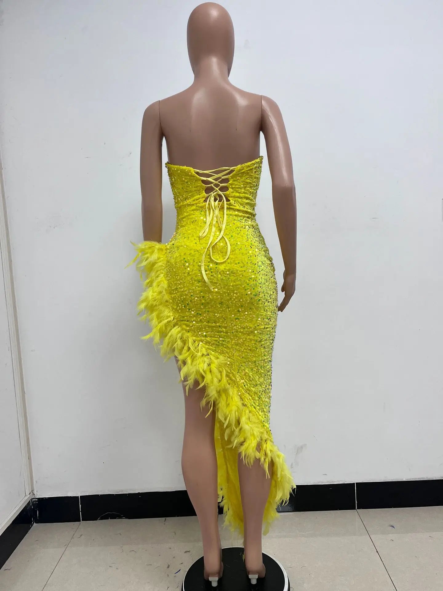 Women Asymmetrical Feather Cocktail Party Dress