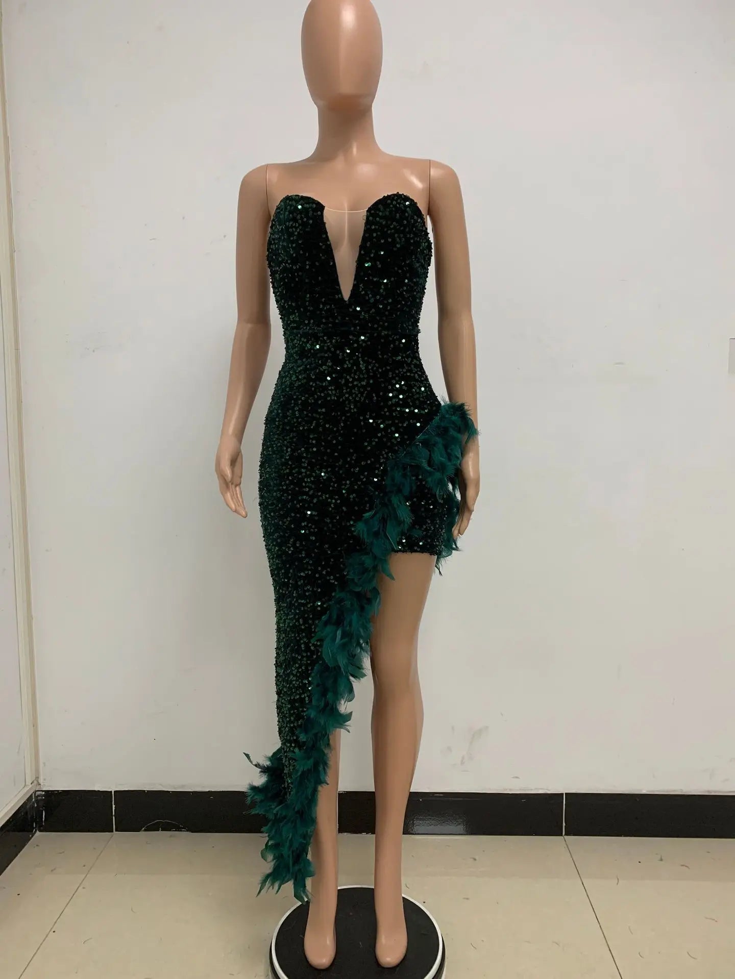 Women Asymmetrical Feather Cocktail Party Dress