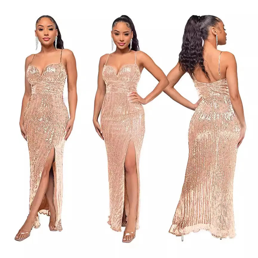Womens Criss-Cross Sequin Elegant Evening Dress