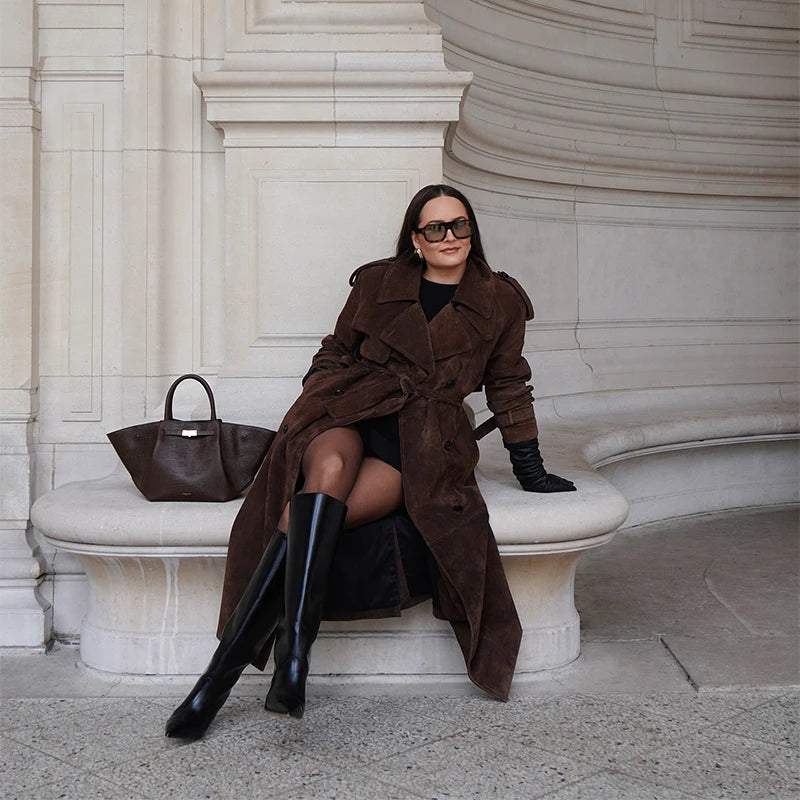 Vintage Suede Women Double Breasted Coat