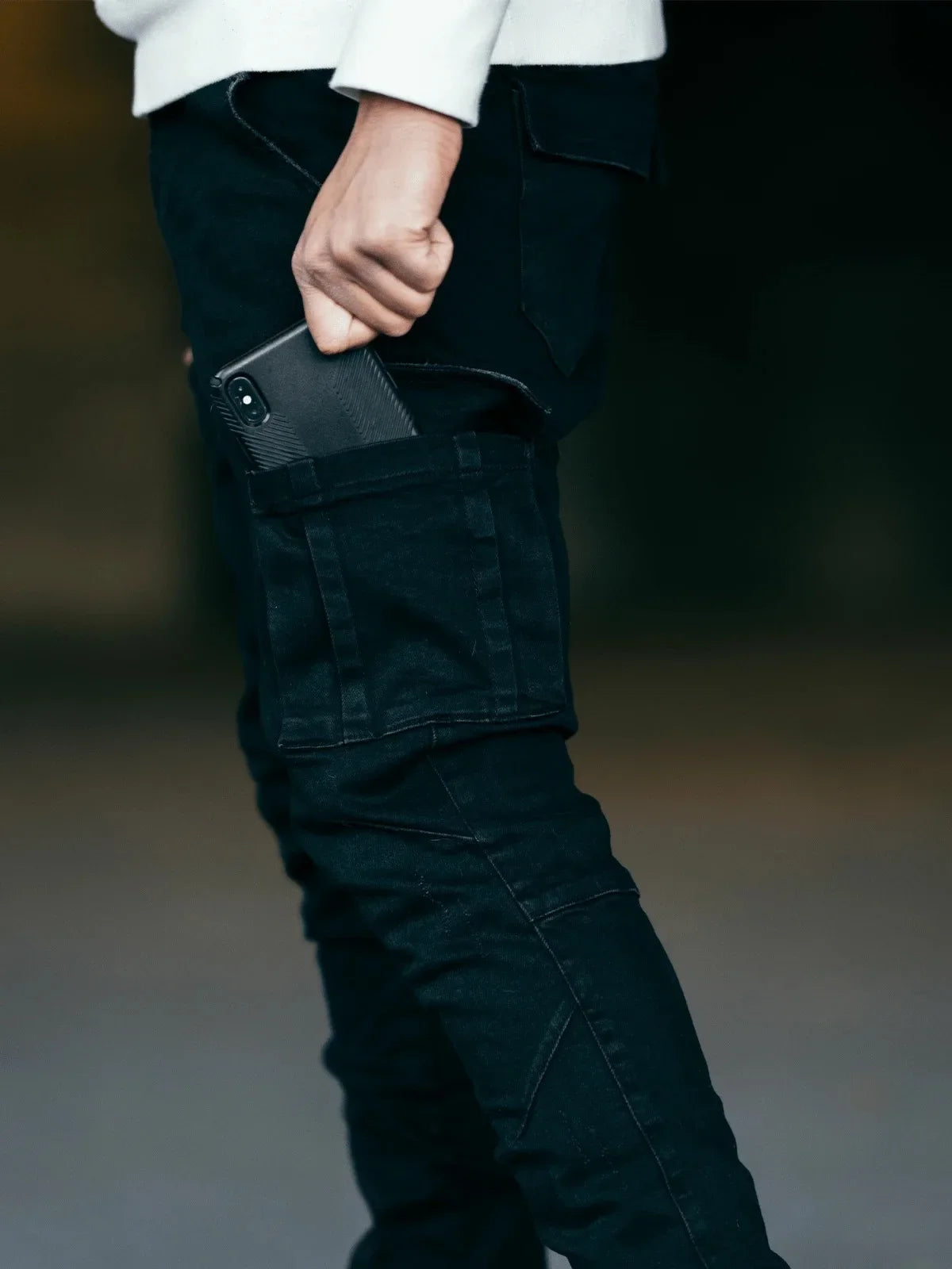 Men Multi Pockets Denim Mid Waist Cargo Jeans
