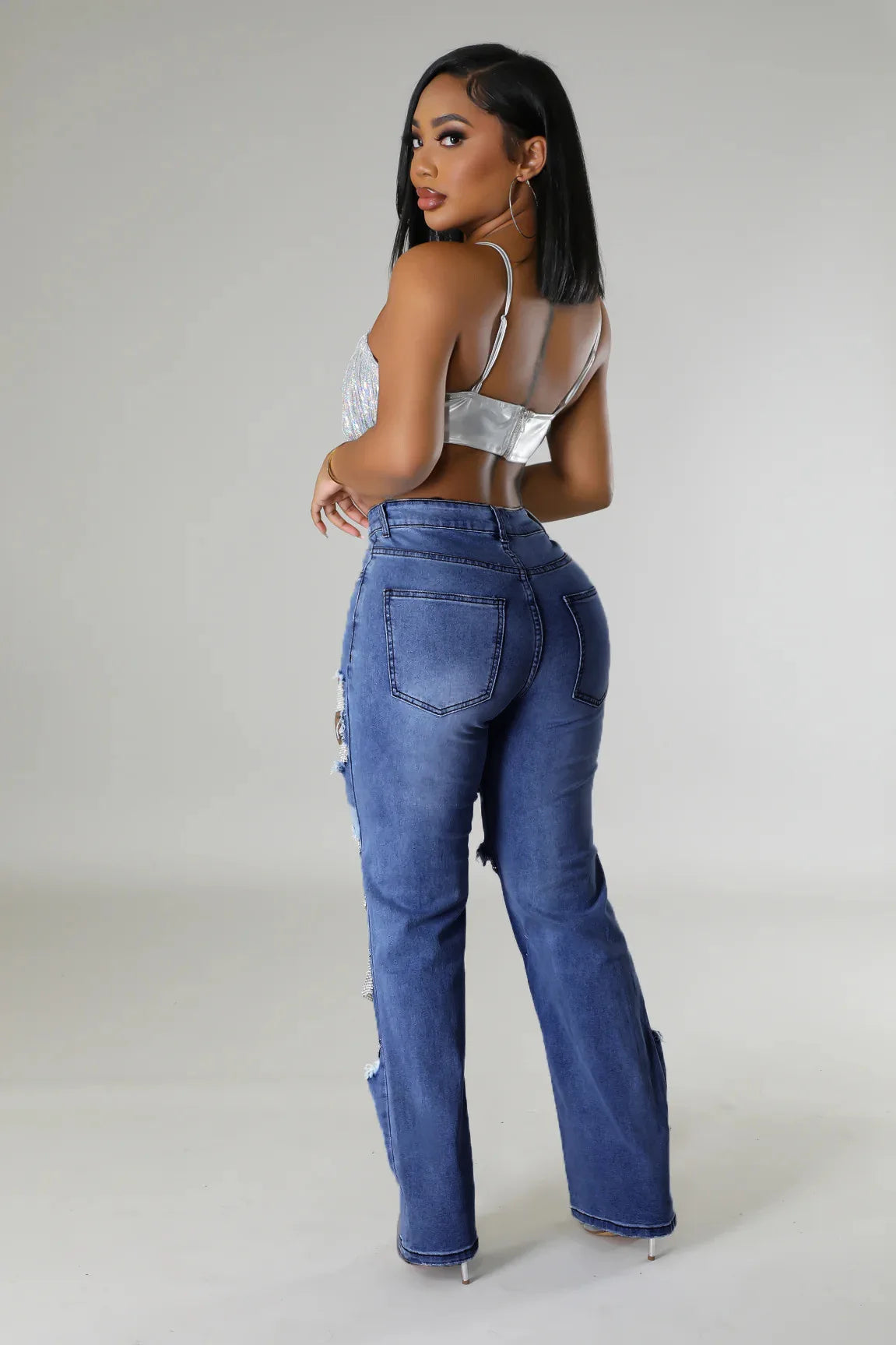 Women Diamonds Chain Stretch High Waist Jeans