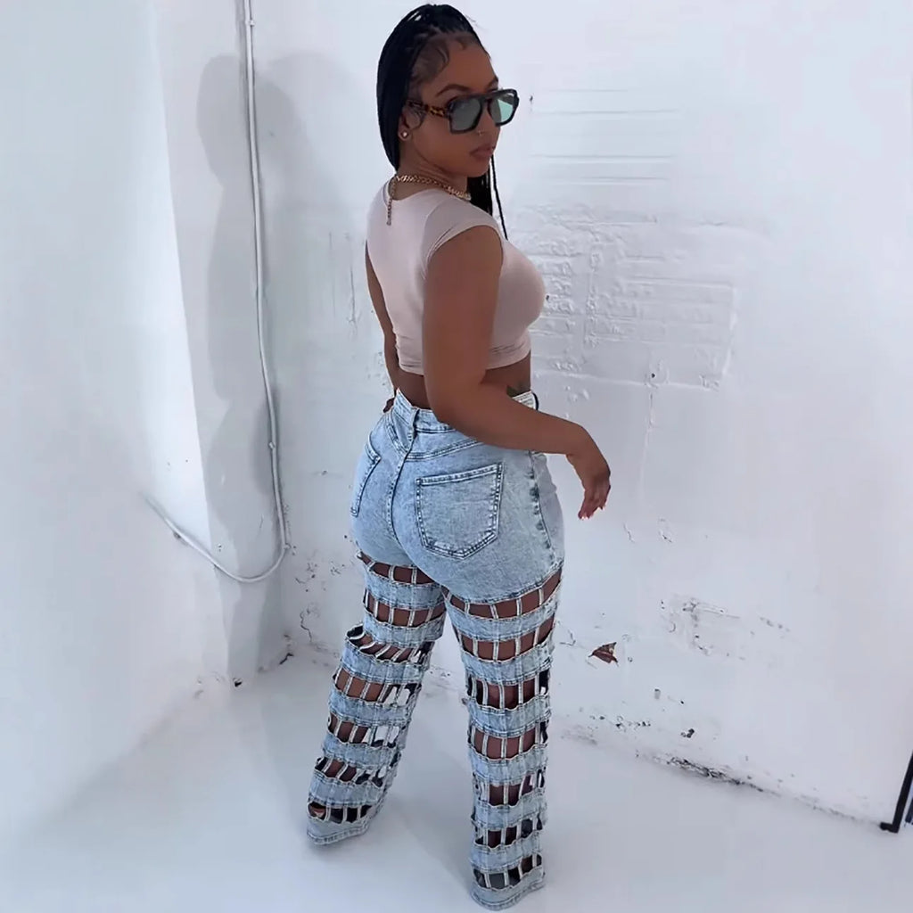 Women Hollow Out High-Waisted Jeans