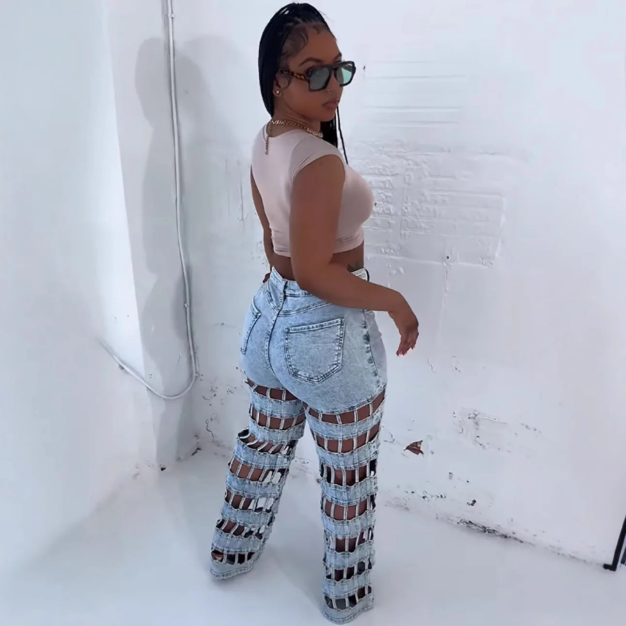 Women Hollow Out High-Waisted Jeans