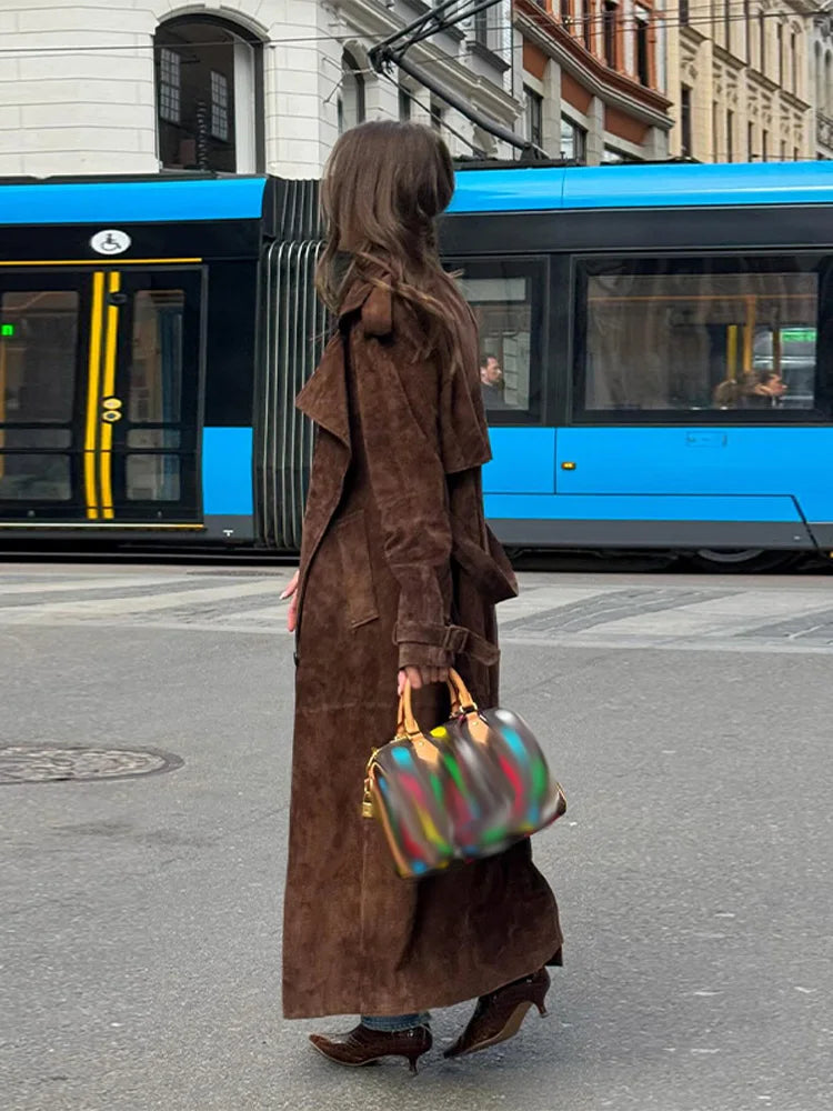 Vintage Suede Women Double Breasted Coat