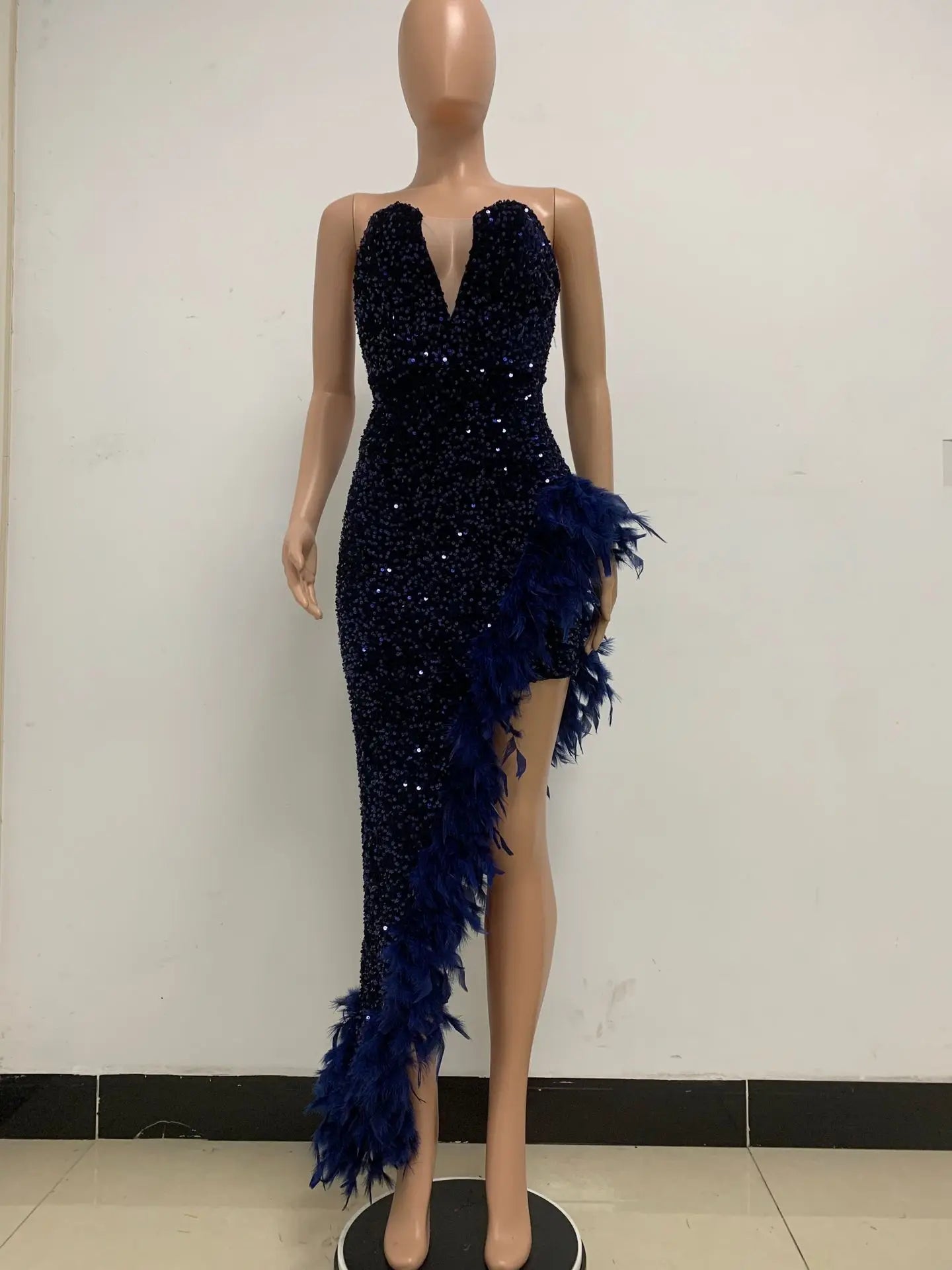 Women Asymmetrical Feather Cocktail Party Dress