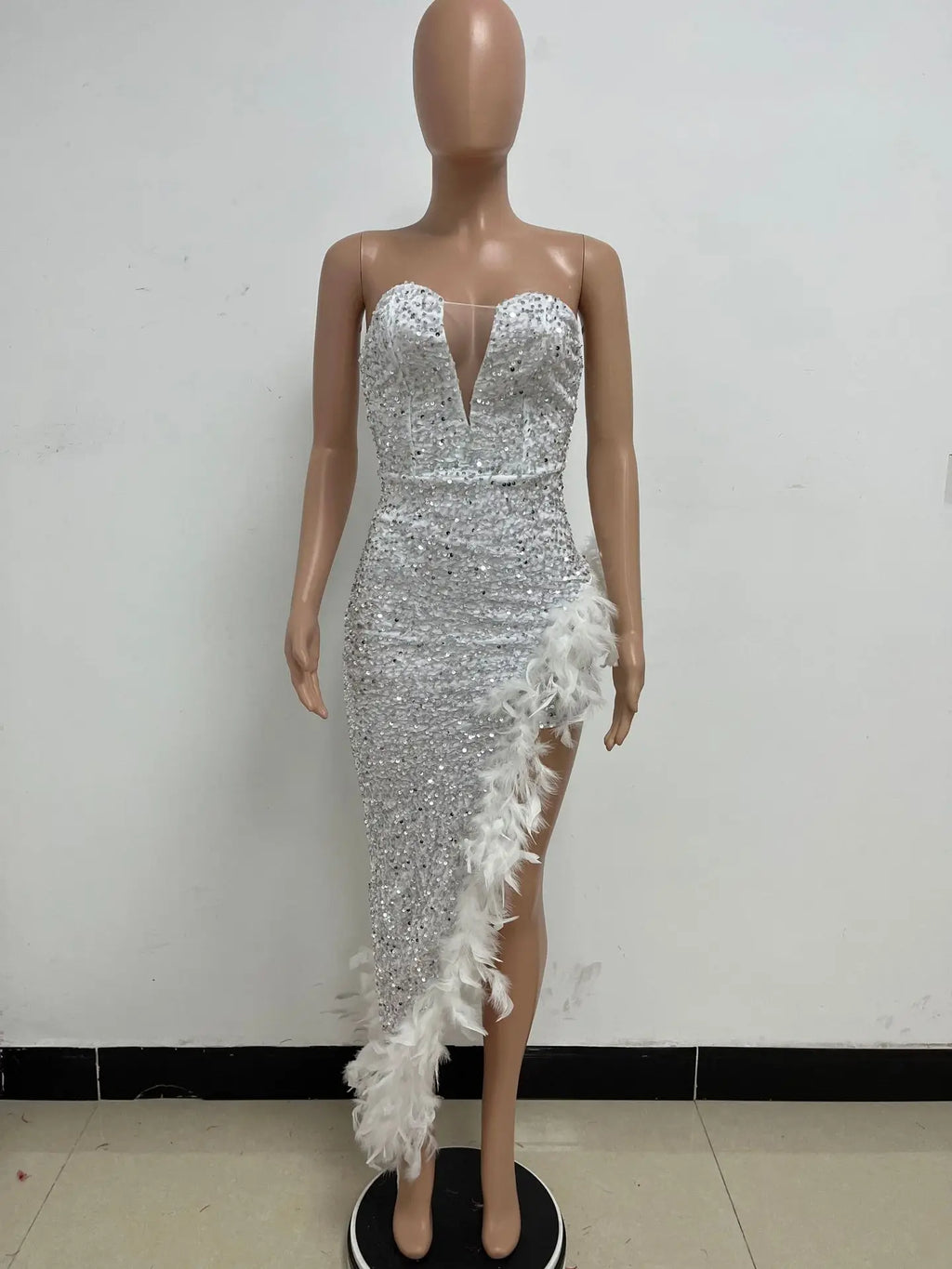 Women Asymmetrical Feather Cocktail Party Dress