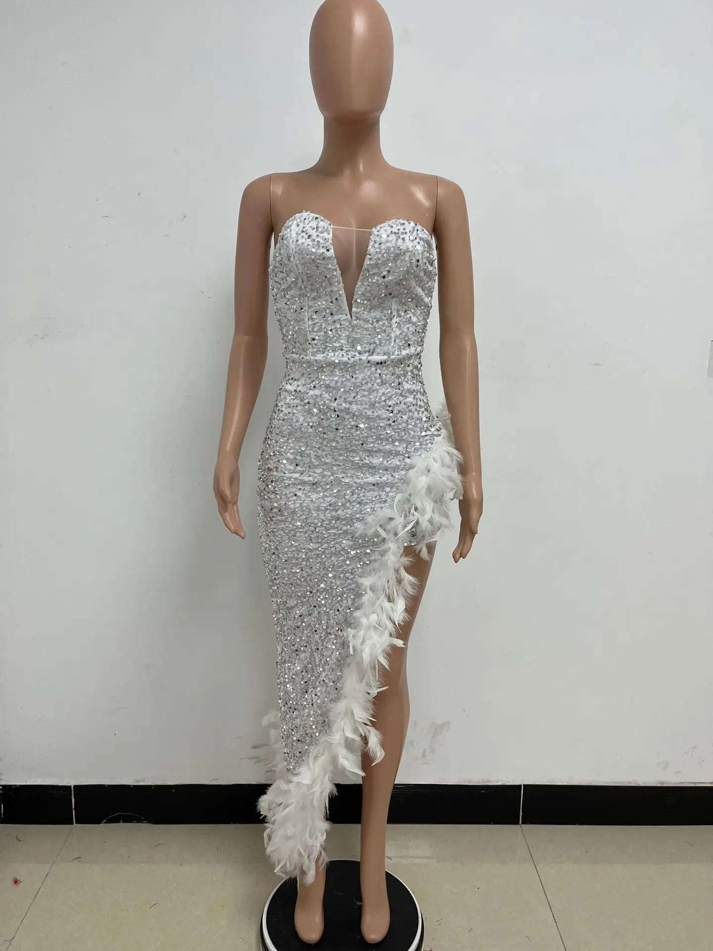 Women Asymmetrical Feather Cocktail Party Dress