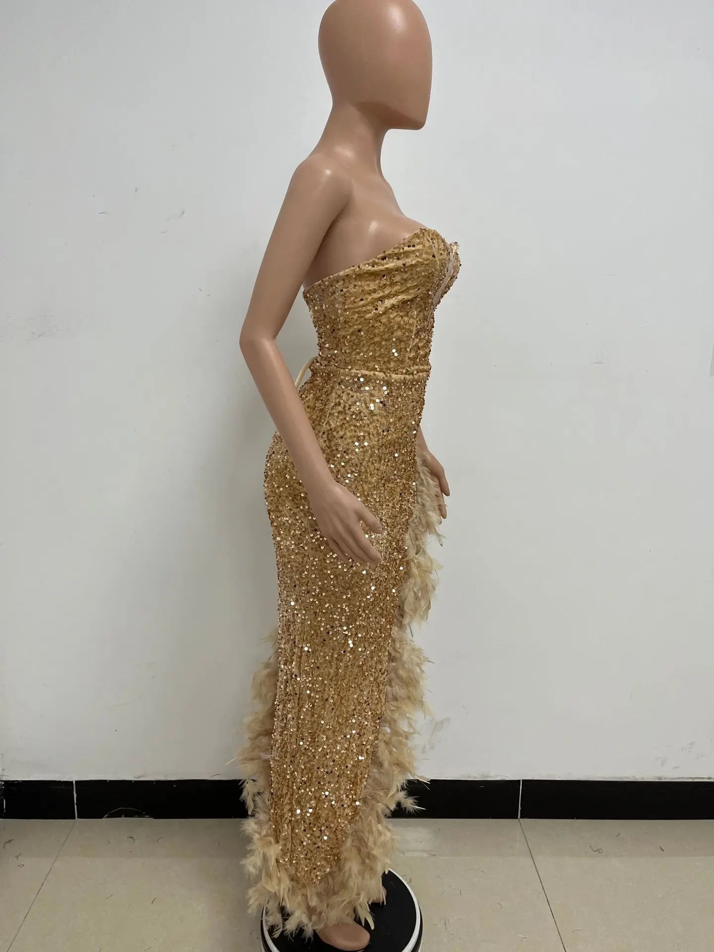 Women Asymmetrical Feather Cocktail Party Dress