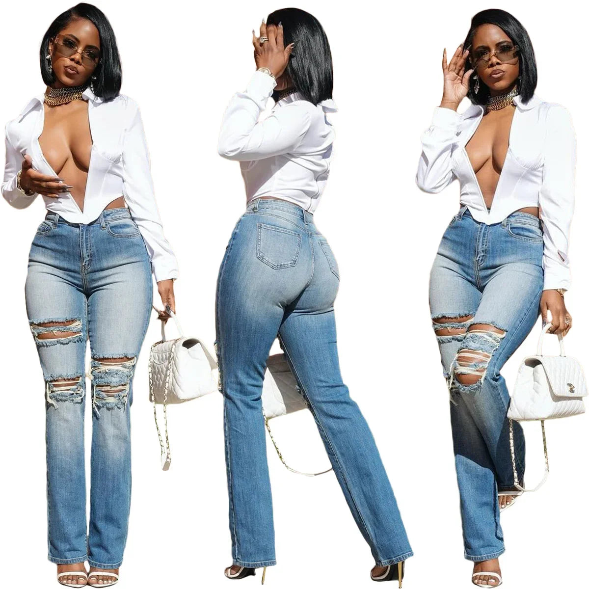 Women High Strecth Distressed  Vintage Ripped Jeans