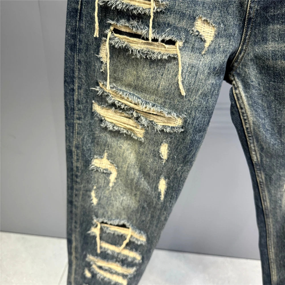 Mens Baggy Distressed Denim Patchwork