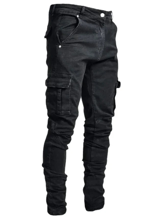 Men Multi Pockets Denim Mid Waist Cargo Jeans