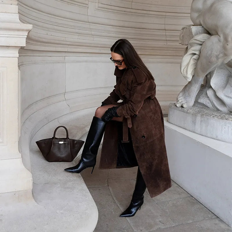 Vintage Suede Women Double Breasted Coat