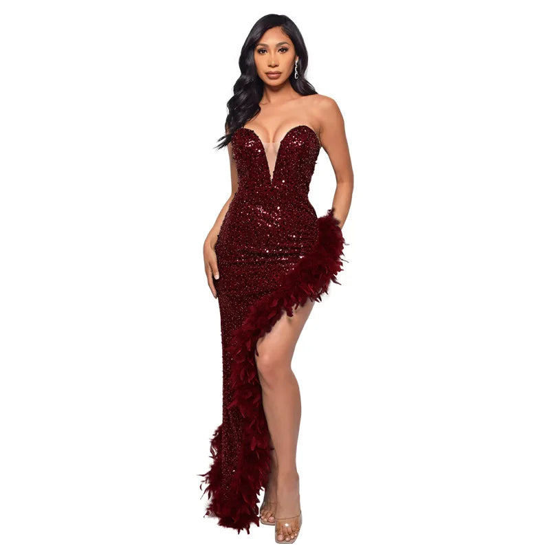 Women Asymmetrical Feather Cocktail Party Dress