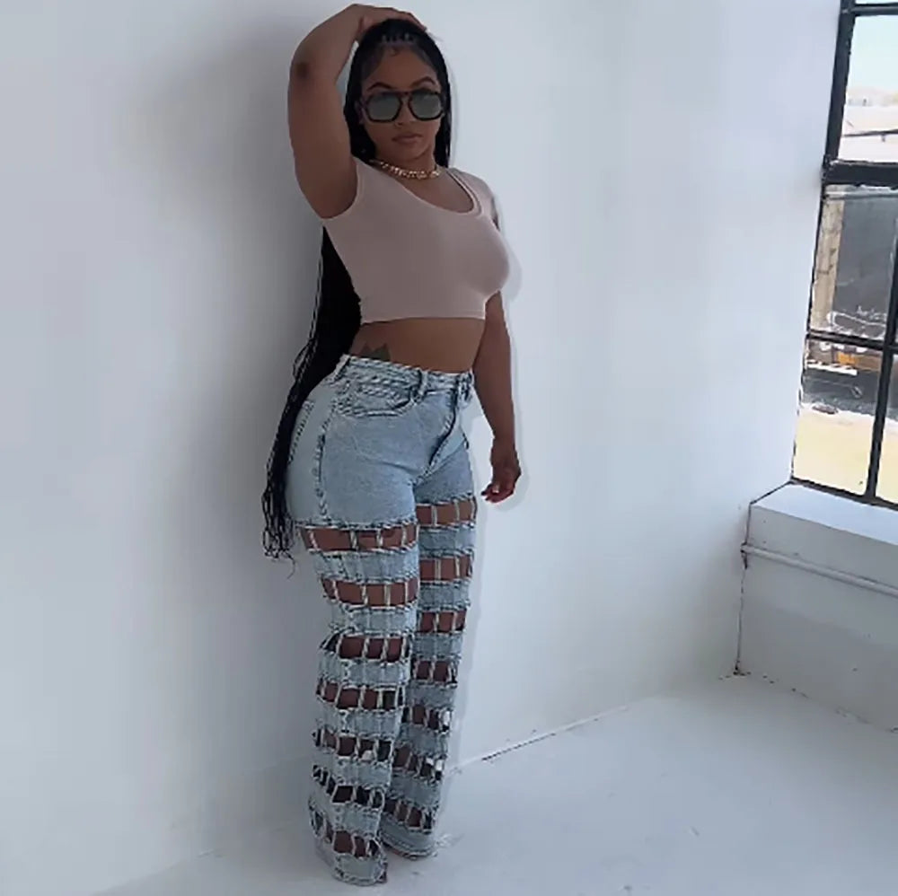 Women Hollow Out High-Waisted Jeans