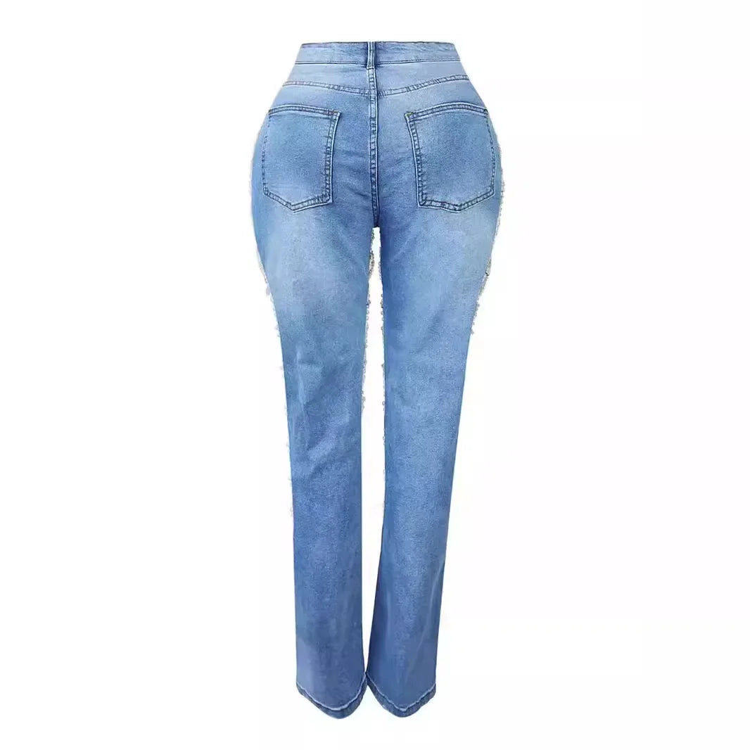 Women Diamonds Chain Stretch High Waist Jeans