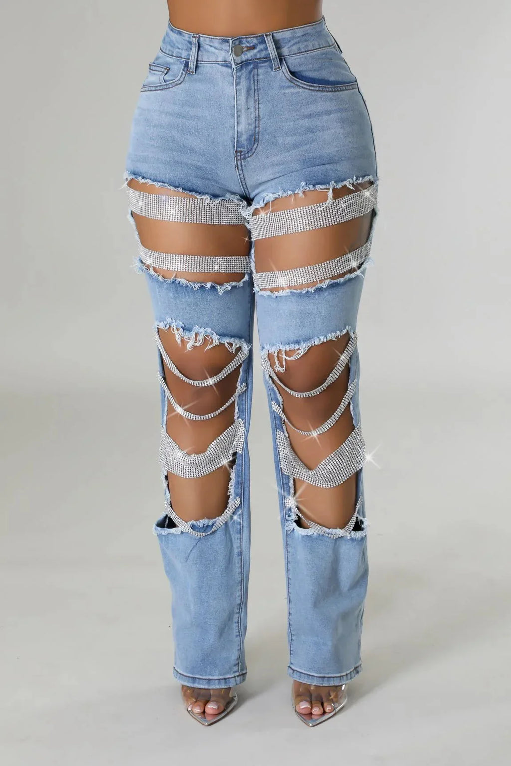 Women Diamonds Chain Stretch High Waist Jeans