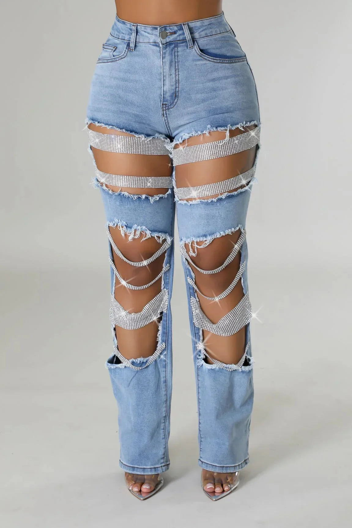 Women Diamonds Chain Stretch High Waist Jeans