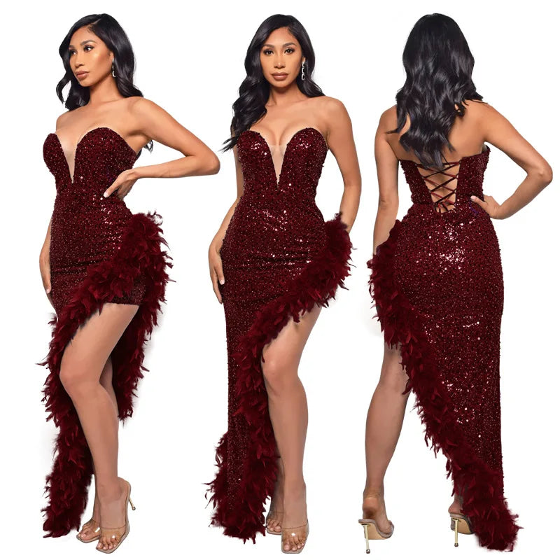 Women Asymmetrical Feather Cocktail Party Dress
