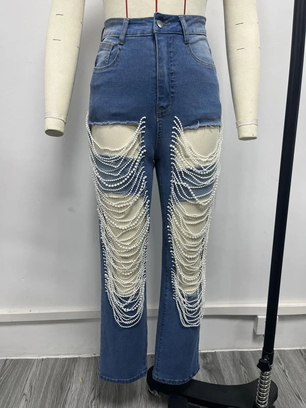 Women Diamonds Chain Stretch High Waist Jeans