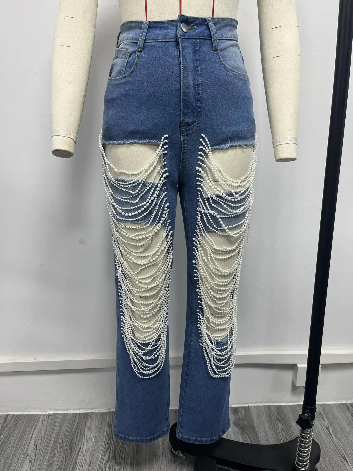 Women Diamonds Chain Stretch High Waist Jeans