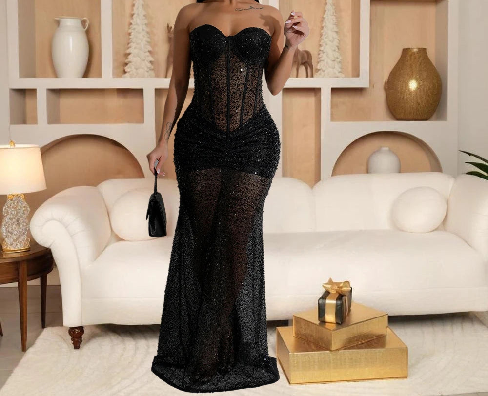 Womens  See-through Evening Maxi Dress