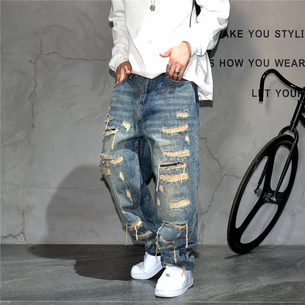 Mens Baggy Distressed Denim Patchwork