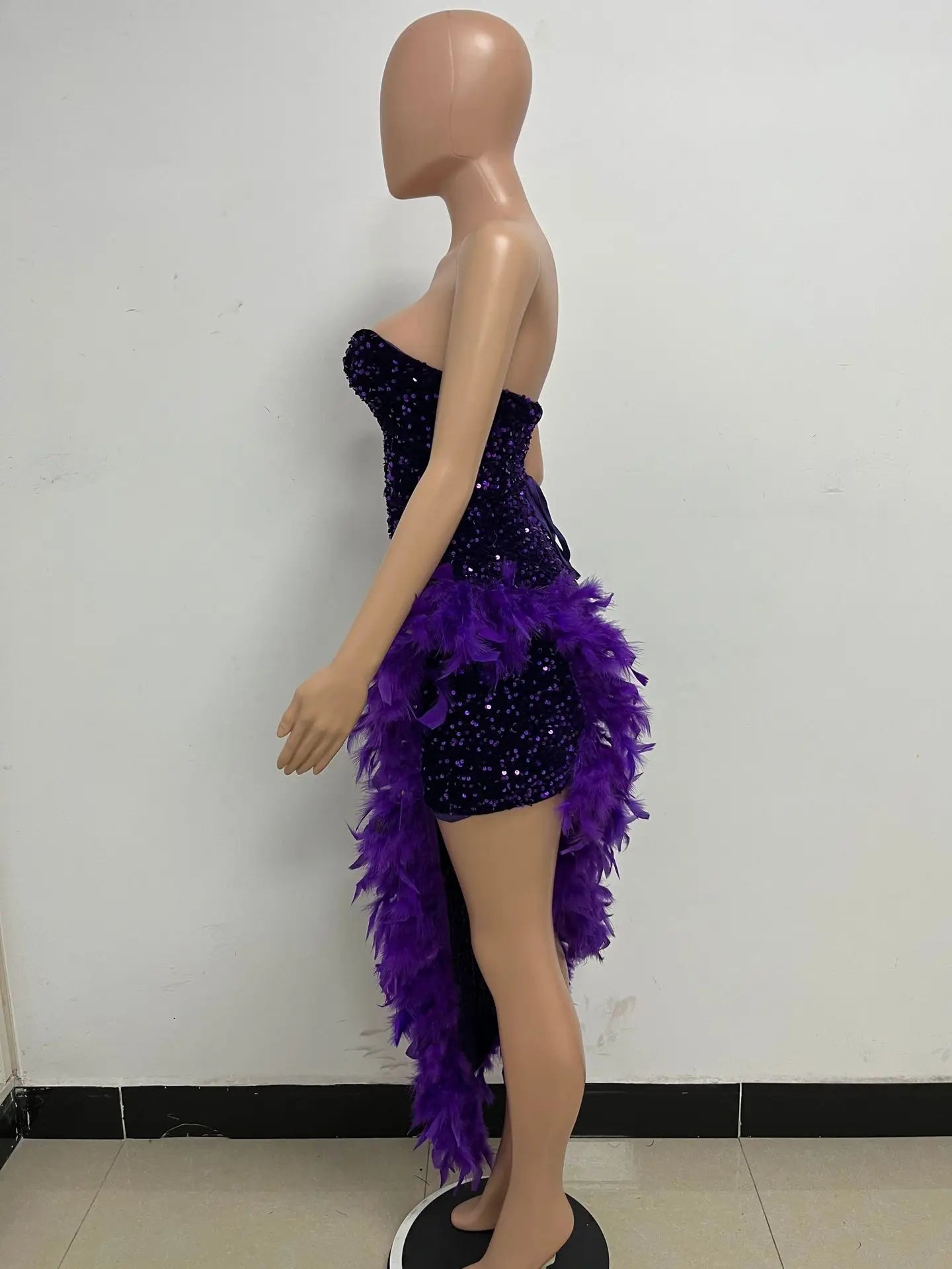 Women Asymmetrical Feather Cocktail Party Dress