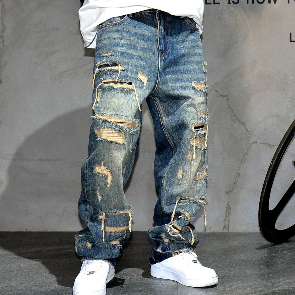 Mens Baggy Distressed Denim Patchwork